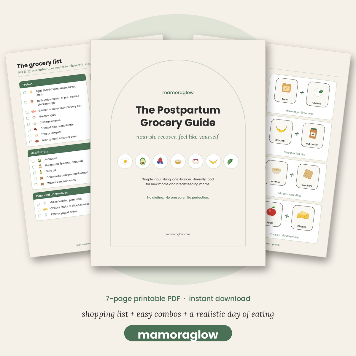 mamoraglow postpartum grocery list printable guide cover for new and breastfeeding moms